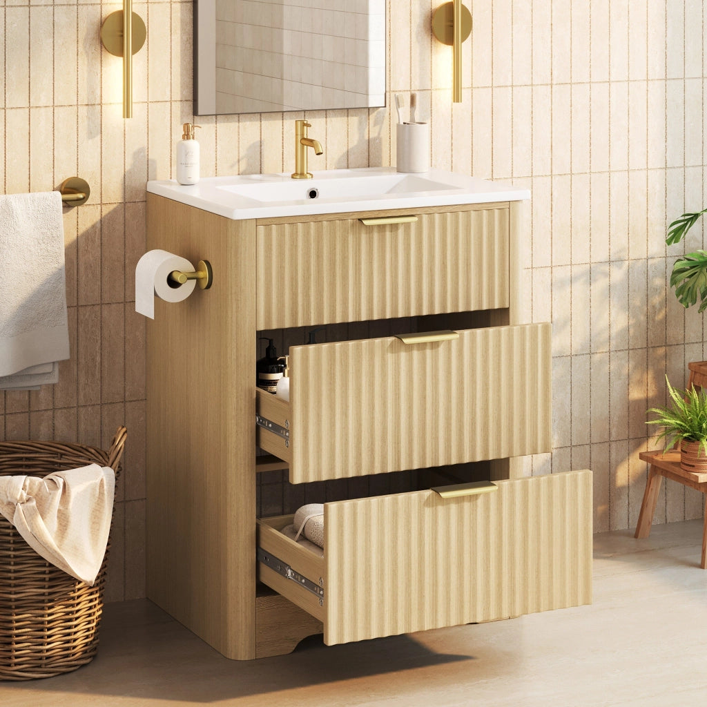 Mobile da bagno con lavabo in ceramica, cassetti portaoggetti, portarotolo, maniglie in metallo, senza rubinetto, color legno naturale