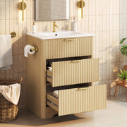 Mobile da bagno con lavabo in ceramica, cassetti portaoggetti, portarotolo, maniglie in metallo, senza rubinetto, color legno naturale