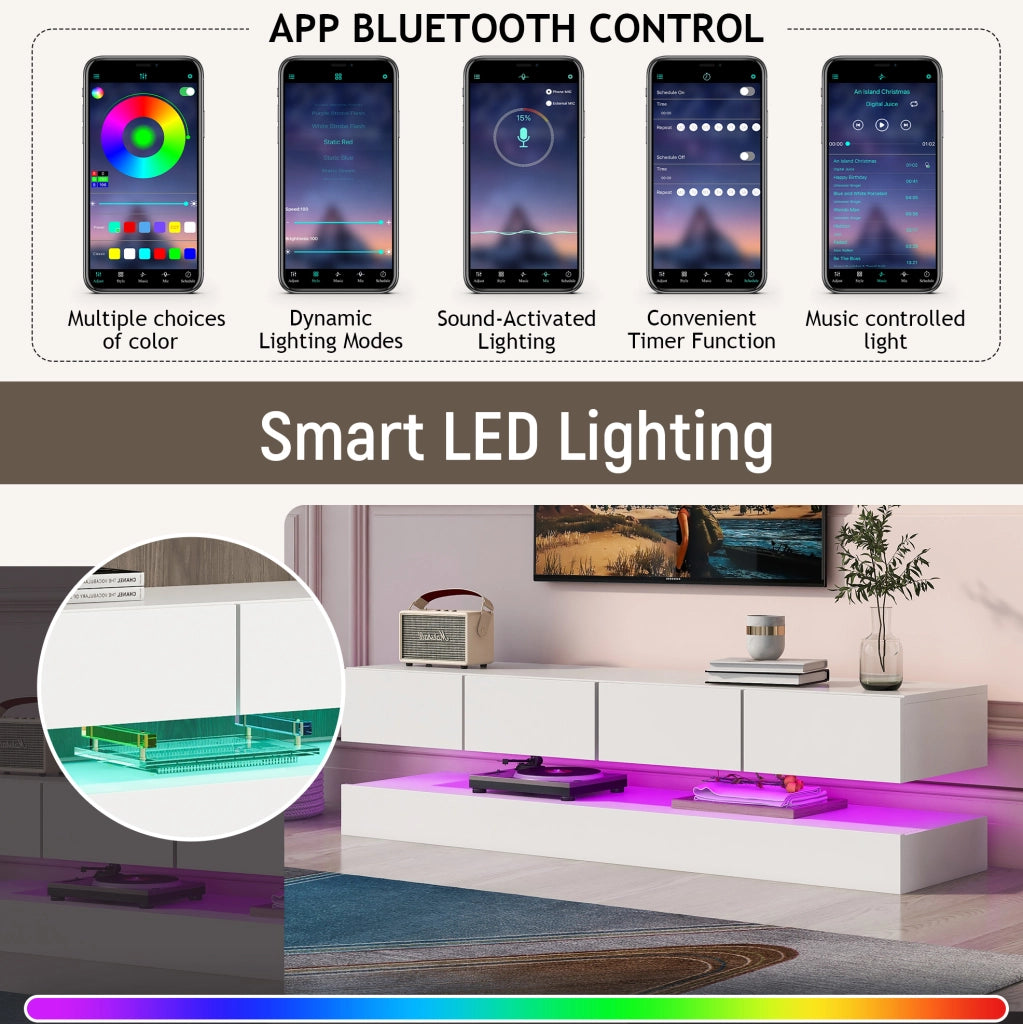 Mobile sospeso bianco con 4 cassetti; LED controllabile via app Bluetooth; MDF