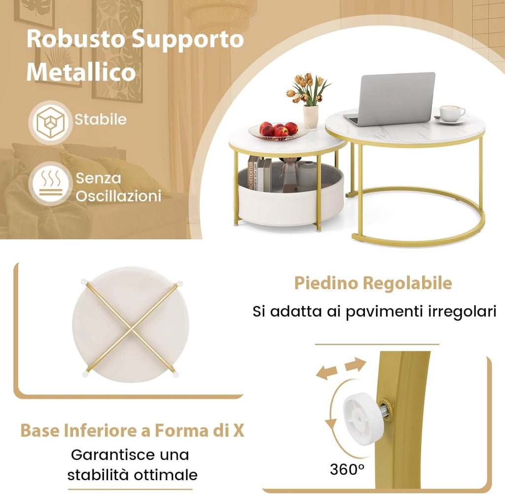 Set di 2 Tavolini Impilabili da Salotto con Piani Ampi e Cestino in Tessuto, Tavolini Sovrapponibili Rotondi in Legno con Struttura in Metallo per Soggiorno, Sala d'Attesa e Ufficio