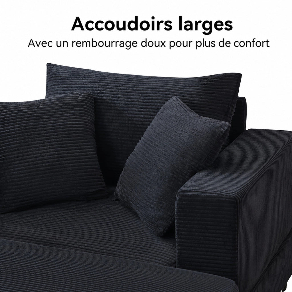 Divano chaise longue con vano contenitore e 3 cuscini in corda, gambe in plastica rinforzata, nero 107 × 74 × 57 cm