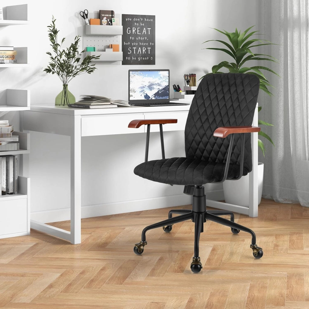 Poltrona da ufficio retrò in velluto regolabile in altezza con ruote, sedia da ufficio ergonomica con seduta imbottita e braccioli in legno di gomma, stile vintage, carico 150 kg