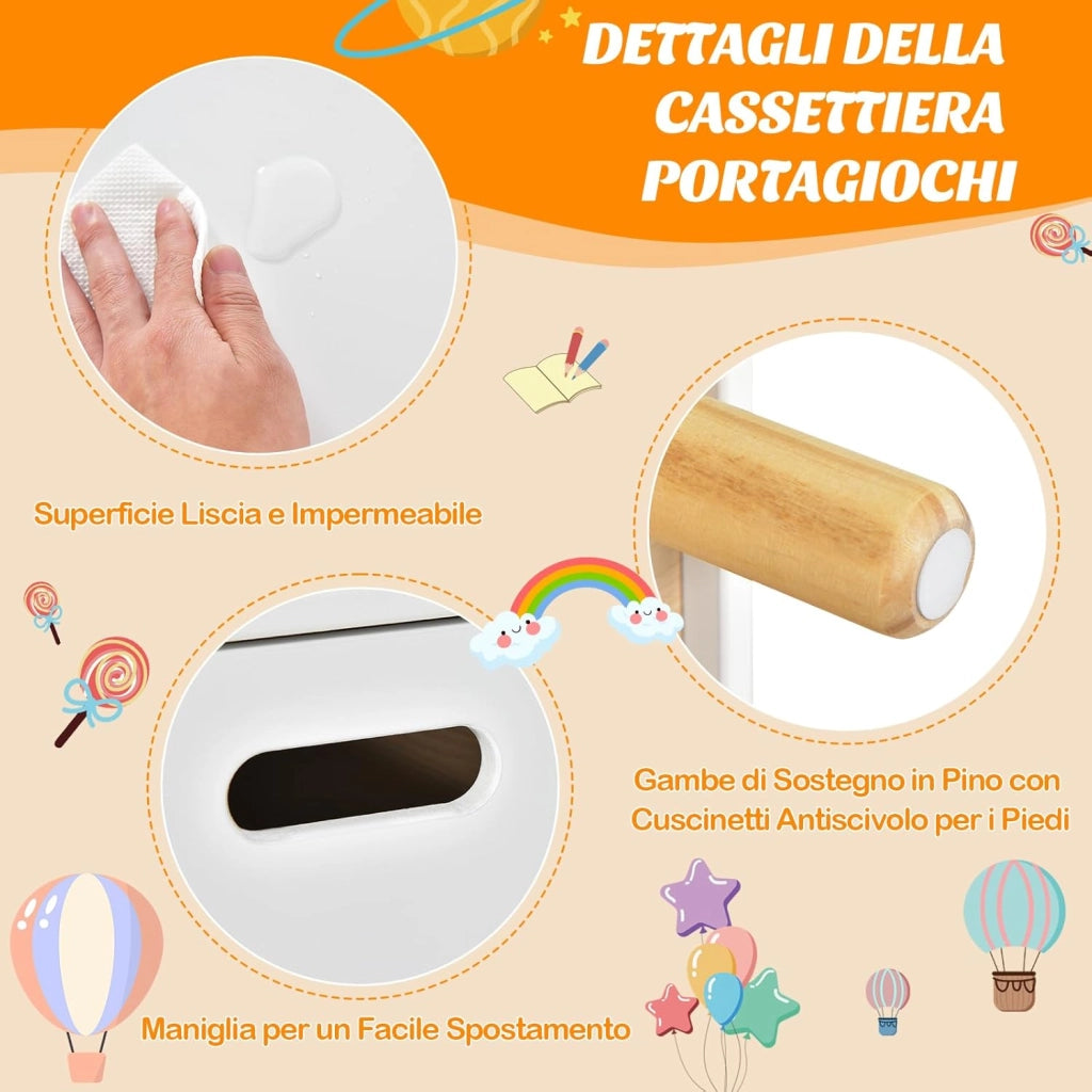 libreria Montessoriana 2-in-1 per Bambini in Legno, Scaffale Porta Libri e Giocattoli con Cassone, Coperchio Ammortizzato e Maniglie, Ideale per Cameretta e Nido, 60 x 30 x 44 cm (Bianco)
