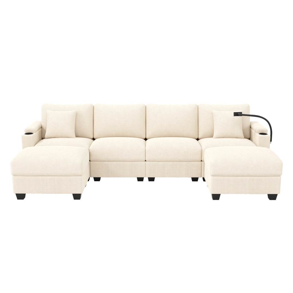 Divano modulare beige in velluto a coste con USB e portaoggetti