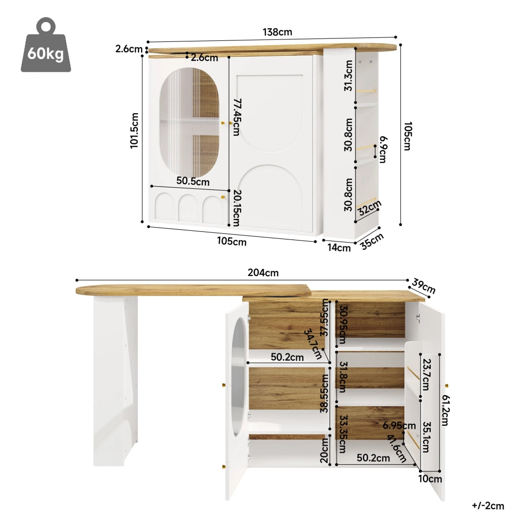 Carrello da cucina con 3 ante e piano girevole a 360°; portasalviette e portaspezie; 138x39x105 cm