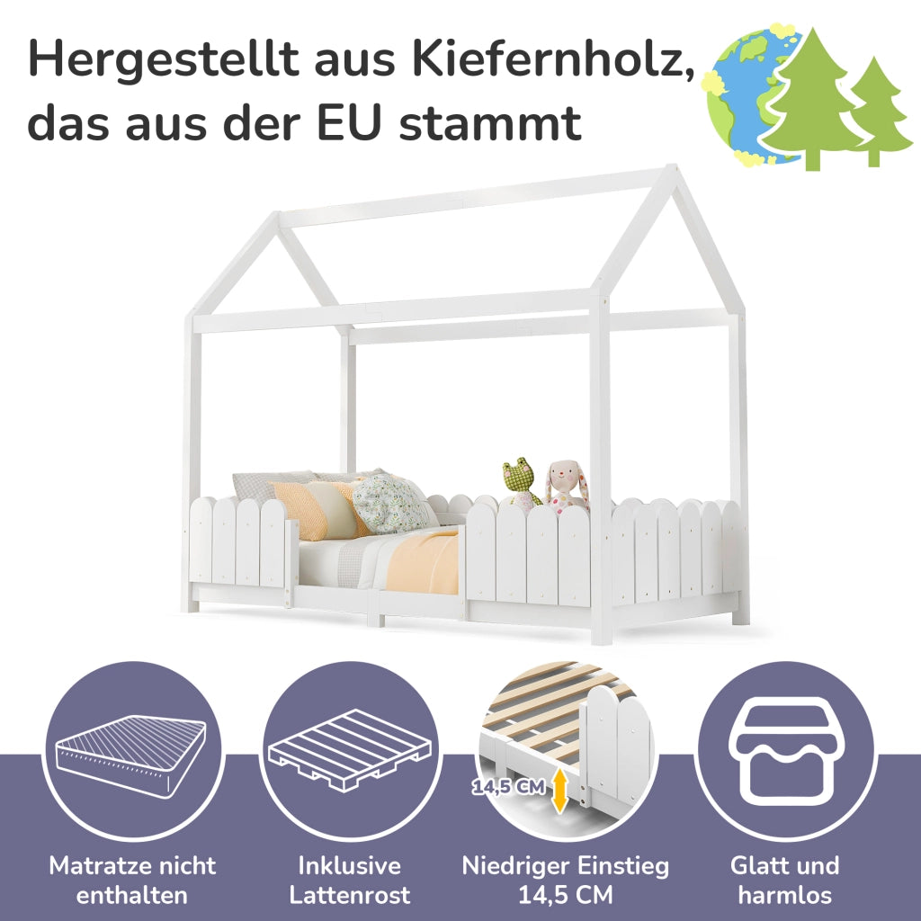Letto a casa 90x200 cm bianco in legno massello con protezione anticasco e rete a doghe