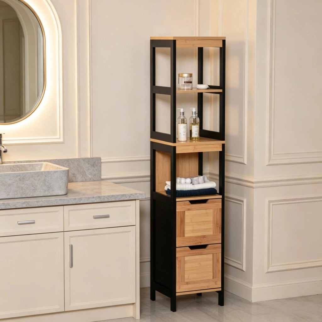 Colonna bagno 30x30x144,3 cm bambù nero, con 2 cassetti