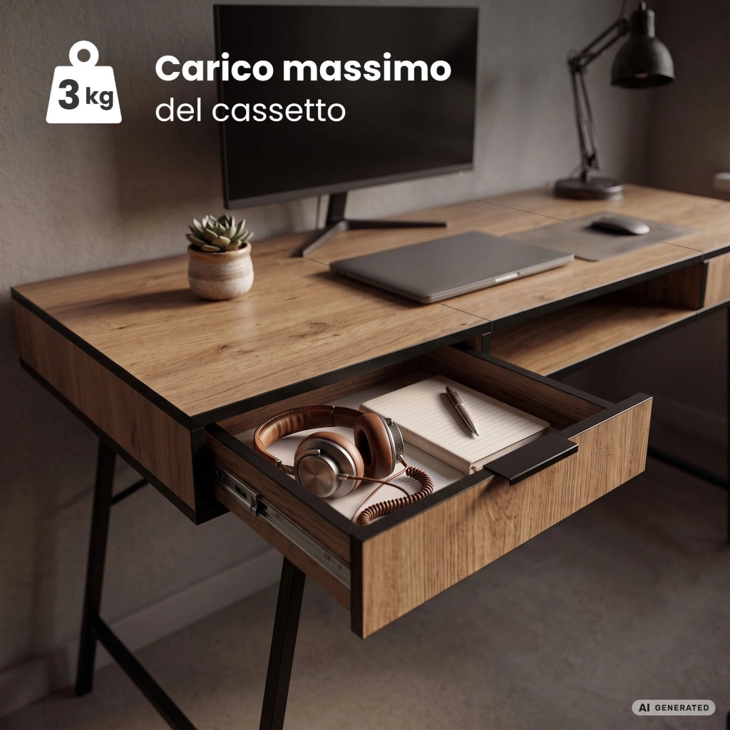 Scrivania industriale per computer Rovere Craft ARDEN 120 cm 2 cassetti 1 ripiano gambe nere