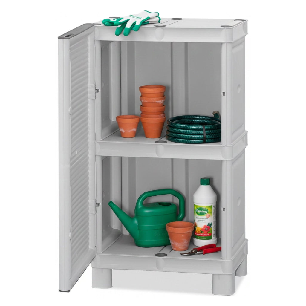Mobiletto multiuso da esterno o Arlinda, Armadio basso a 1 anta e 1 ripiano in polipropilene, 100% Made in Italy, cm 50x39h92, colore Grigio chiaro