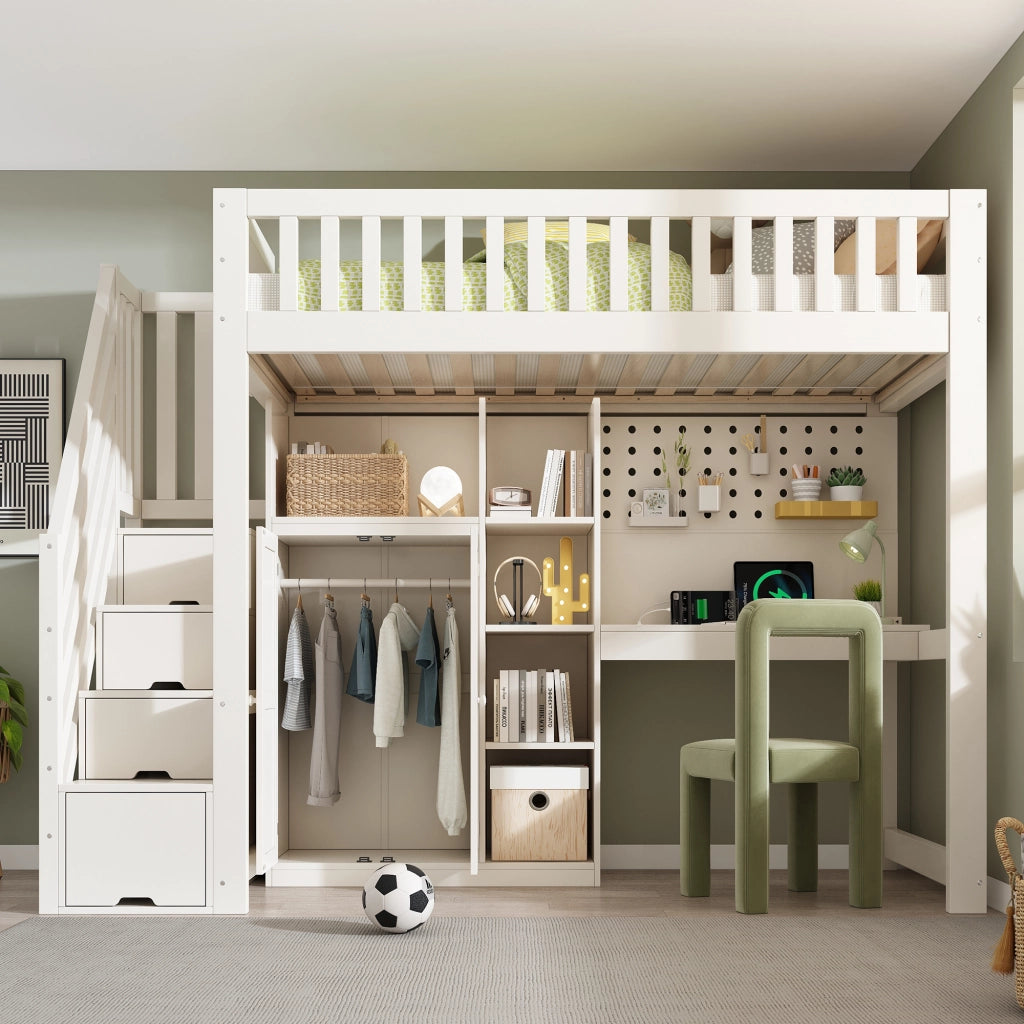 Letto a Soppalco con Scrivania e Armadio ¨C MINIMAL ¨C 90x200, Bianco, Rete a Doghe