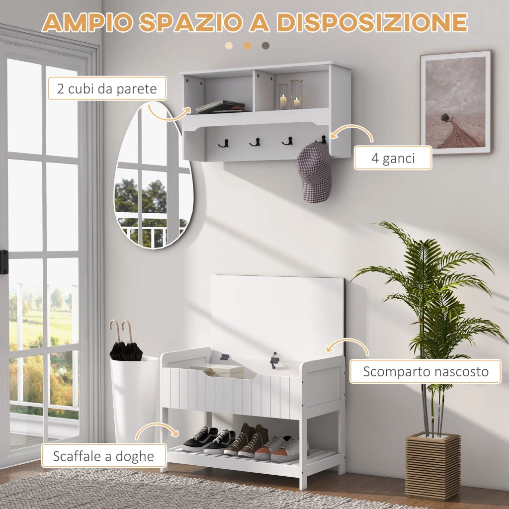 Easycomfort Mobile Appendiabiti a Muro con Panca Scarpiera per Ingresso e Corridoio, 80x20x40 cm, Bianco