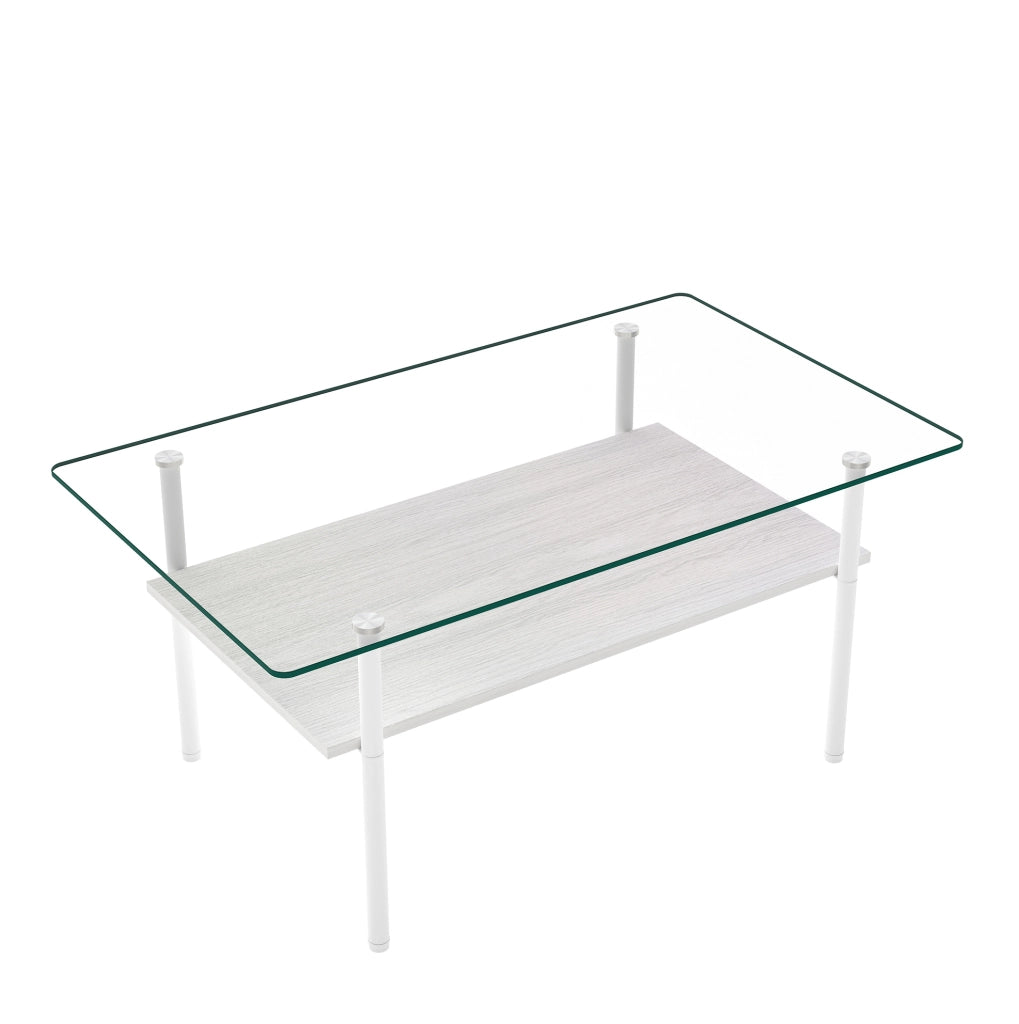 Tavolino da caffè 98x58x45 cm con piano in vetro temperato e ripiano in MDF; metallo bianco