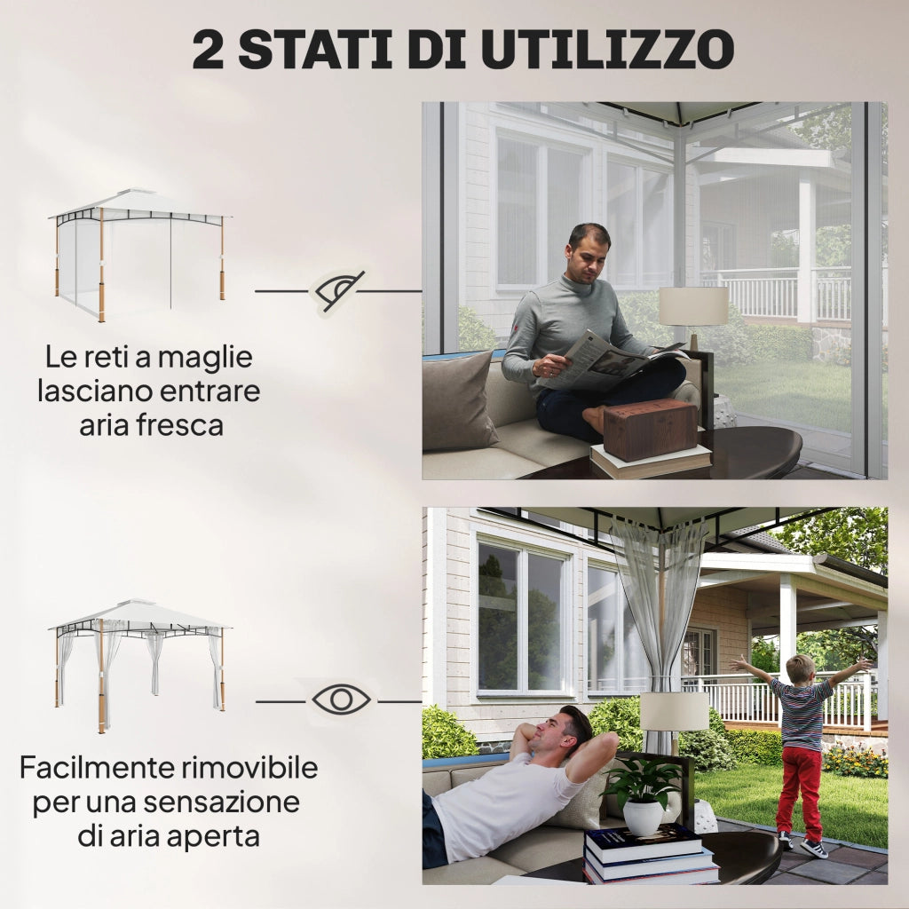 Gazebo 3 x 3,6 m, Tetto Doppio UPF50+ con Rete, Crema