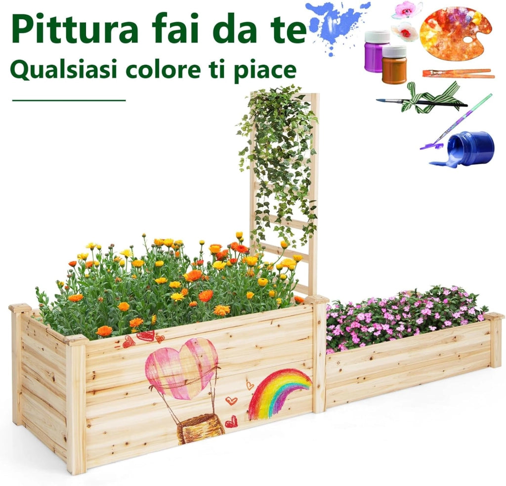 Fioriera Rialzata con Graticcio, Letto da Giardino di Legno a 2 livelli con Fondo Aperto per Verdure, Fiori, Erbe e Frutta, Aiuola Rettangolare per Terrazzo, Giardino e Orto