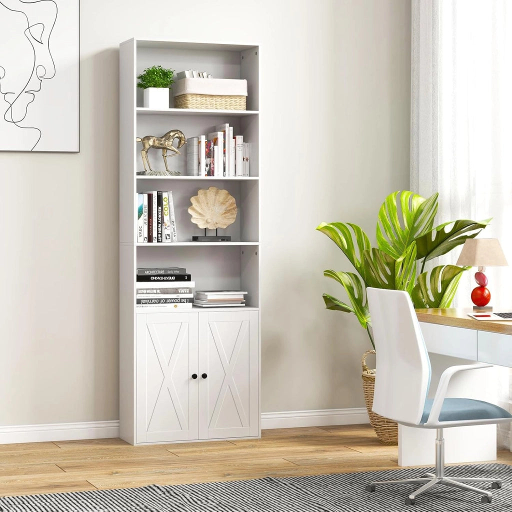 Libreria Chiusa in Legno con Armadio a Ante, 6 Ripiani Aperti, Librerie Moderne con Ripiano Rimovibile, Libreria Scaffale, 60 x 24 x 180 cm, Bianco