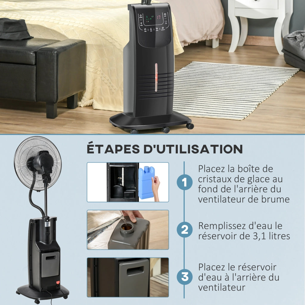 Ventilatore con Nebulizzatore 90 W ¨C zephmum ¨C Nero, Ruote, Telecomando, Timer, Oscillazione