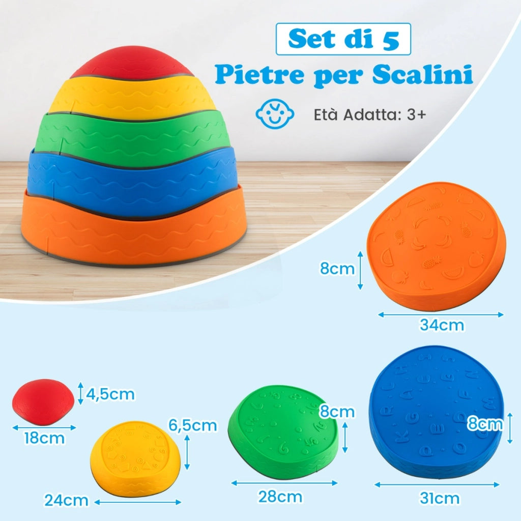 Set di 5 pietre di passo per bambini di 3+ anni, Set di pietre per torrente impilabili con bordo antiscivolo-Giochi su prato