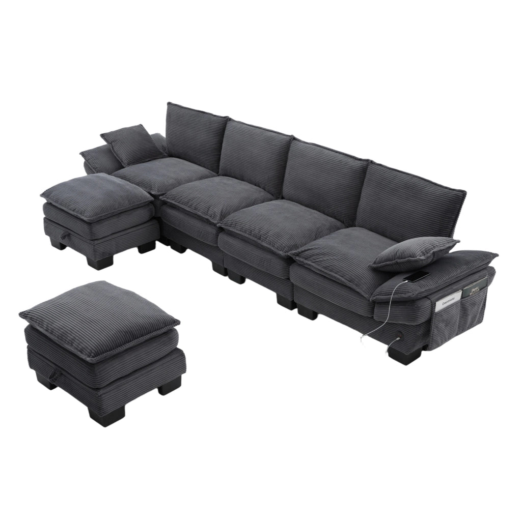 Divano modulare 4 posti in corduroy grigio scuro 330x132x84 cm con 2 pouf e USB-C