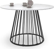 Tavolo da pranzo rotondo YUNA 6 persone con piano in marmo bianco ALASKA e gamba in filo metallico nero 110 cm