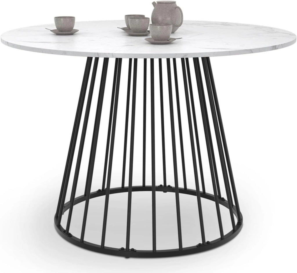Tavolo da pranzo rotondo YUNA 6 persone con piano in marmo bianco ALASKA e gamba in filo metallico nero 110 cm