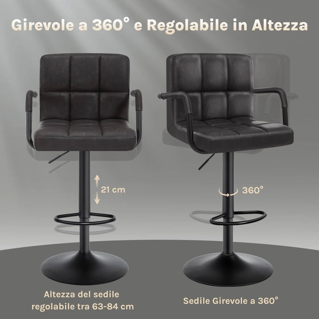 Coppia Sgabelli da Bar PU Vintage Sedia per Cucina Girevole con Schienale Braccioli Antracite
