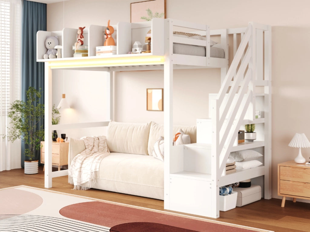 DESMIU Letto a soppalco 90 × 200 cm 1 posto con mensole, LED e scala, senza materasso, in legno, bianco