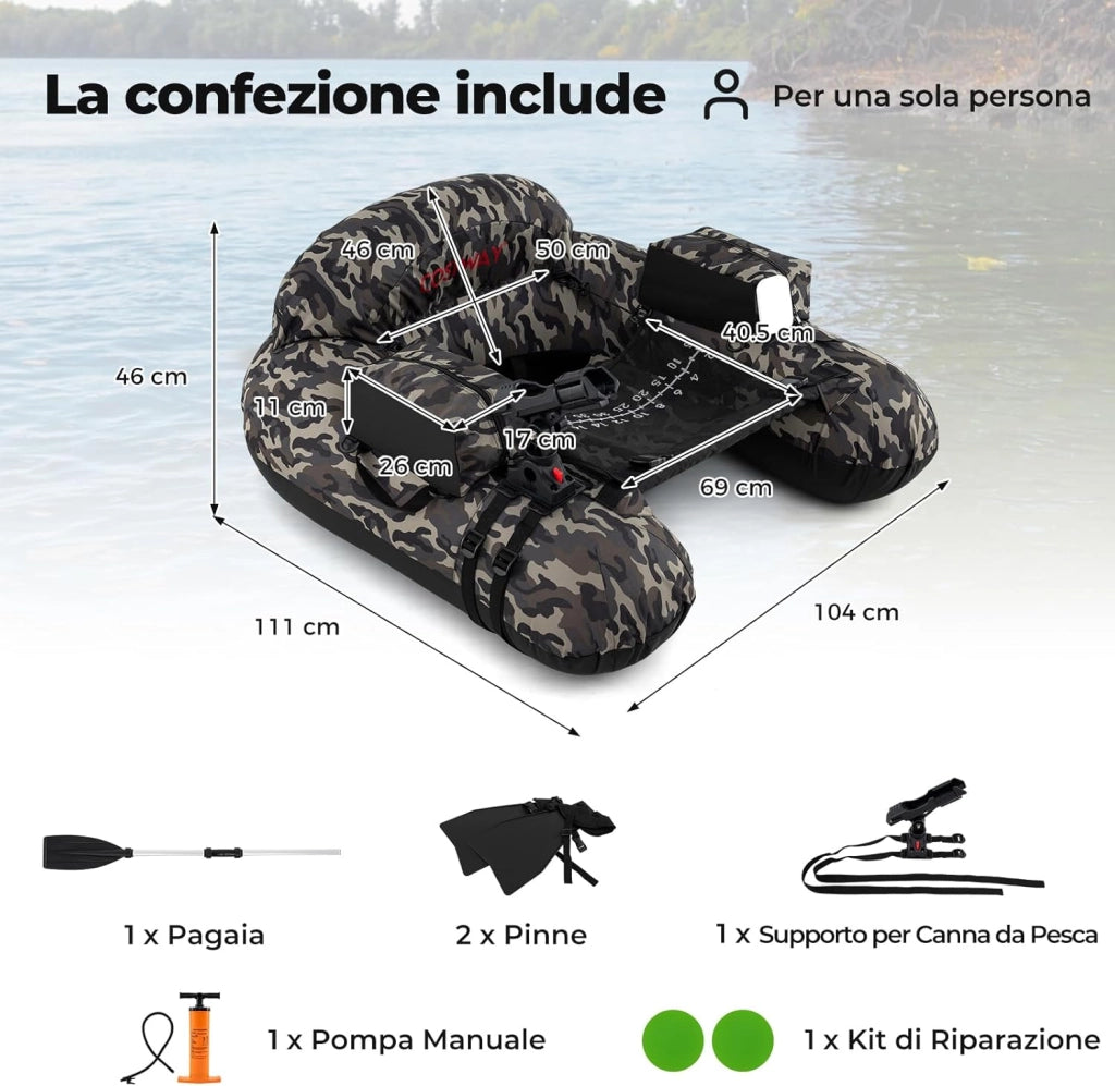 Barca Gonfiabile da Pesca, Belly Boat Portatile con Portacanna Regolabile, Supporto per Ami, Pagaia in Alluminio, Pinne, Pompa e Kit di Riparazione, Portata 150 kg