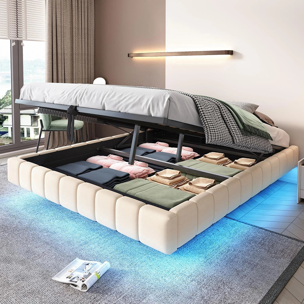 Letto-Xylo-160x200 cm-idraulico, LED, senza testiera, lino beige