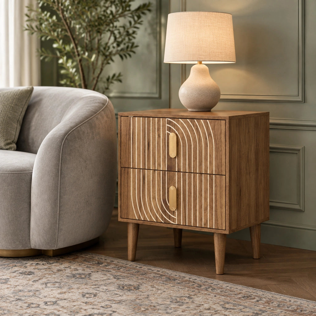 Comodino boho con 2 cassetti; inserti geometrici e gambe in legno; marrone noce
