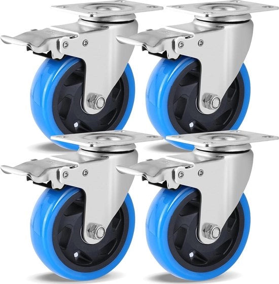 Ruote industriali con pignoni - 100 mm - Rotazione 360° - Silenziose - Capacità di carico 600 kg - Set da 4 ruote da carico pesante