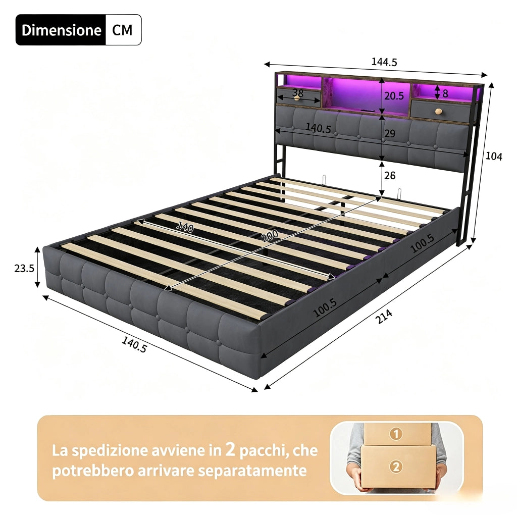Letto una piazza e mezza 140x200 cm con contenitore LED USB Type-C testiera rete a doghe velluto metallo - grigio