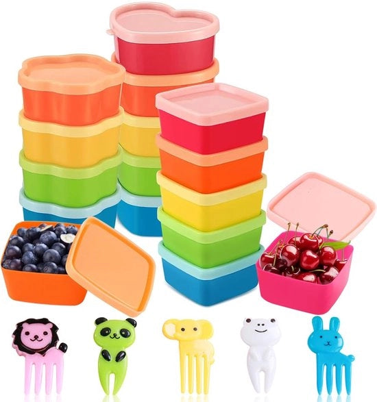 Bacchette di conservazione piccole con coperchi in plastica, 15 pezzi, contenitori di conservazione mini con coperchi per congelare frutta forchetta per frutta con accessorio per salse, salse e erbe frutta 5 colori