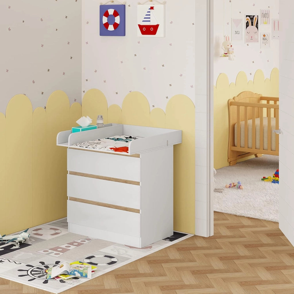 Cassettiera con Fasciatoio per Bambini, Cassettiera a 3 Cassetti, Fasciatoio con Divisorio Rimovibile, in MDF, Truciolare e Metallo, Bianco+Rovere