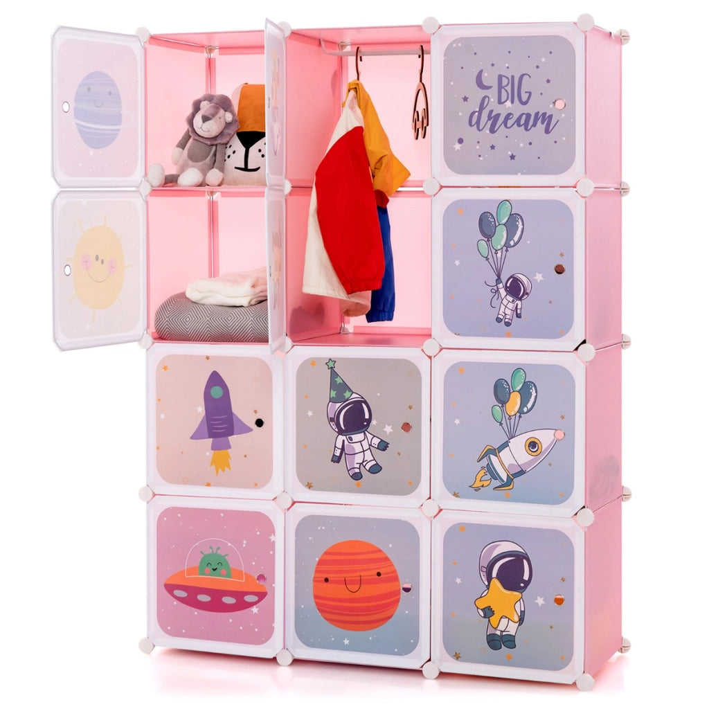 Armadio a 12 cubi per bambini con 2 barre appendiabiti motivi adorabili, Armadio per cameretta 109x37x145cm Rosa-Armadi Appendiabiti