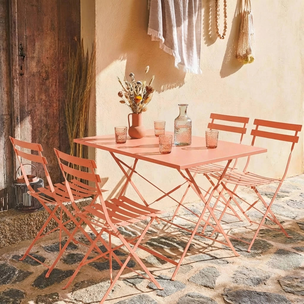 Set tavolo da giardino pieghevole in acciaio con 4 sedie, 110cm, rosa