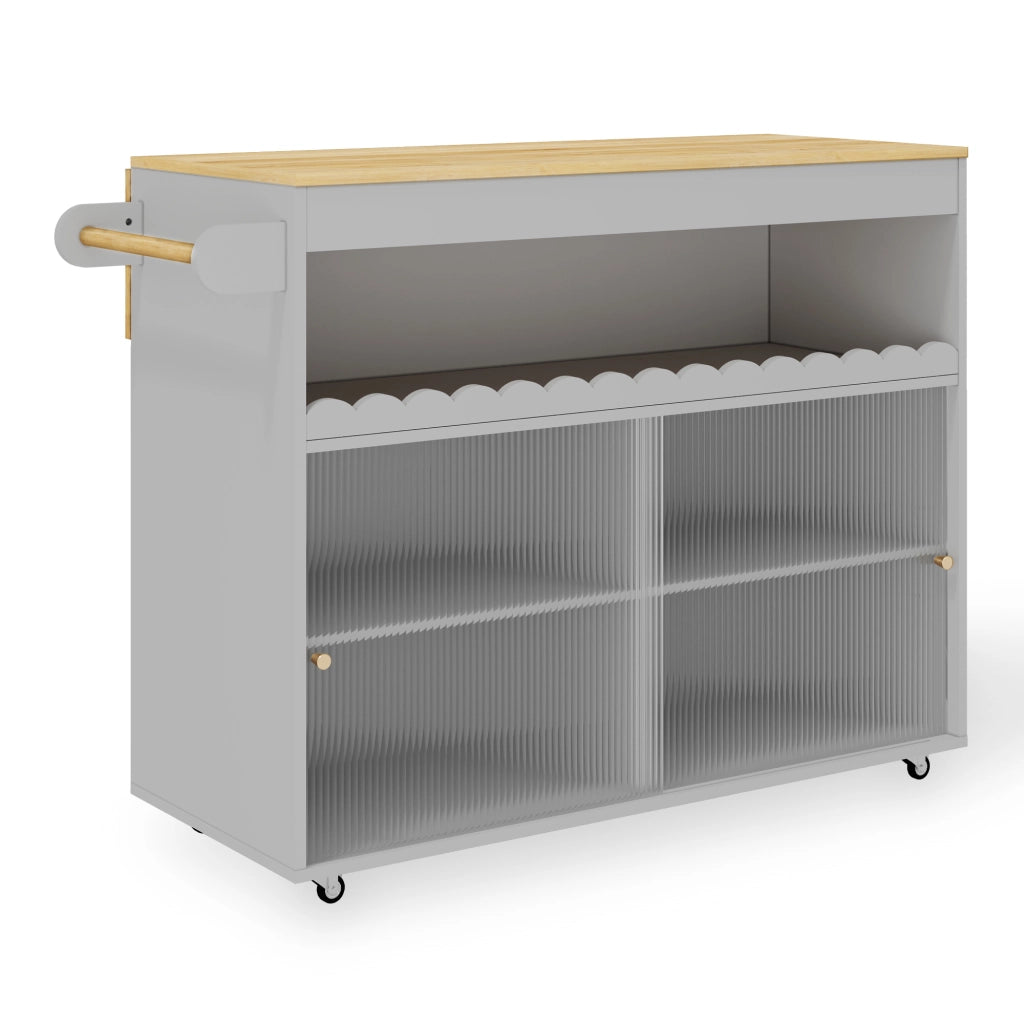 Isola Cucina Mobile 122x46/69x91 cm Grigia con Piano Ribaltabile, Ante in Vetro e 5 Ruote