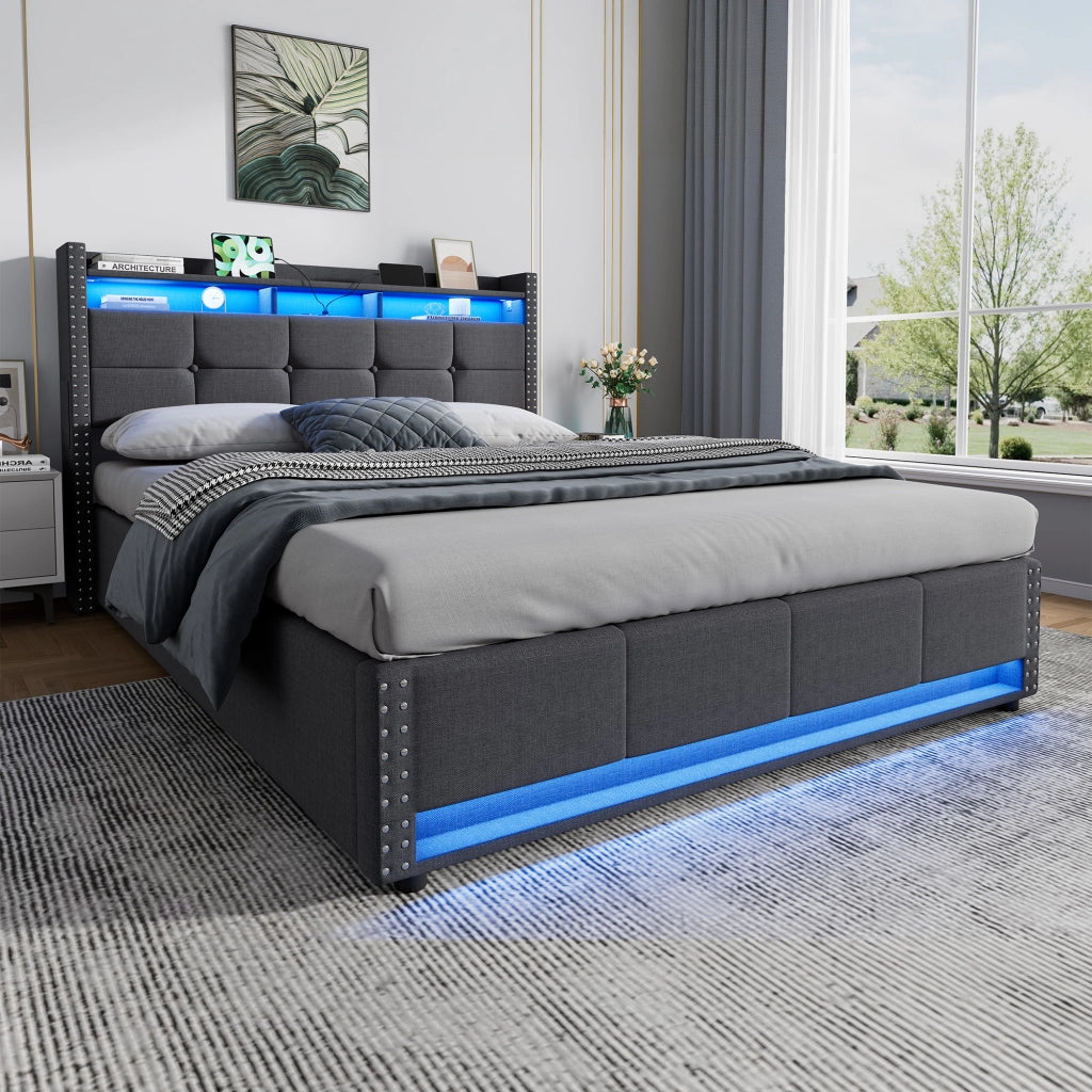 Letto imbottito 140x200 cm grigio scuro con contenitore, testiera regolabile, LED e porte USB