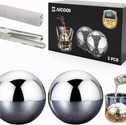 Set di ghiaccio riutilizzabile, 2 pietre di ghiaccio a forma di sfera, acciaio inossidabile con tecnologia di raffreddamento ad alta efficienza, ideale per whisky, vodka, liquore e vino.