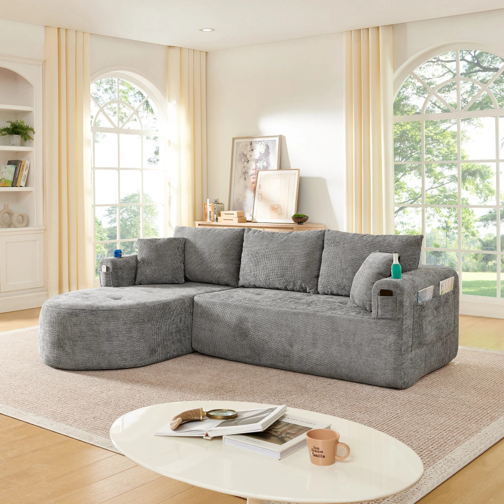 Divano Angolare a L con Braccioli e Tasche Laterali ¨C MINIMAL ¨C Lino Beige