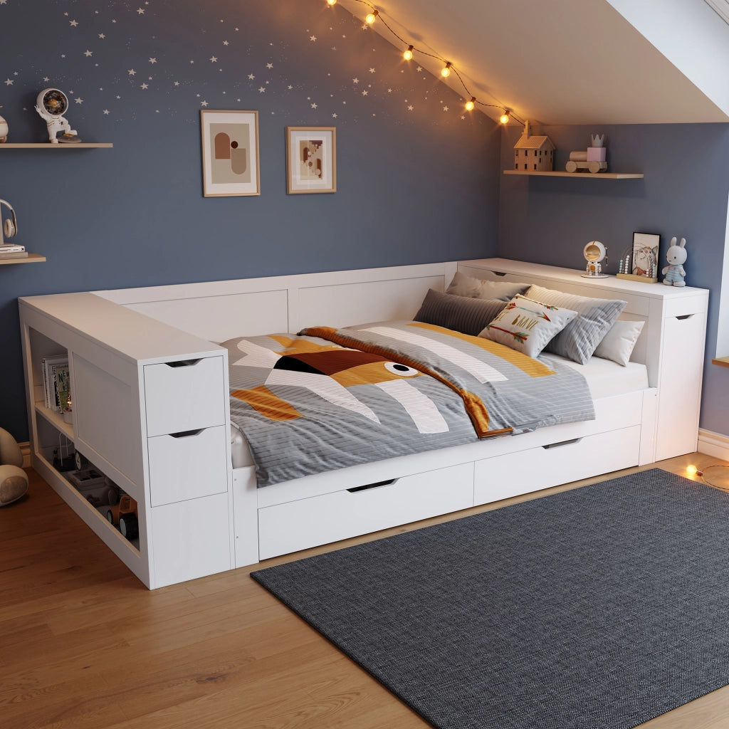 Letto contenitore in legno MDF 140x200 cm bianco, daybed multifunzionale con cassetti, ripiani e comodino, senza materasso