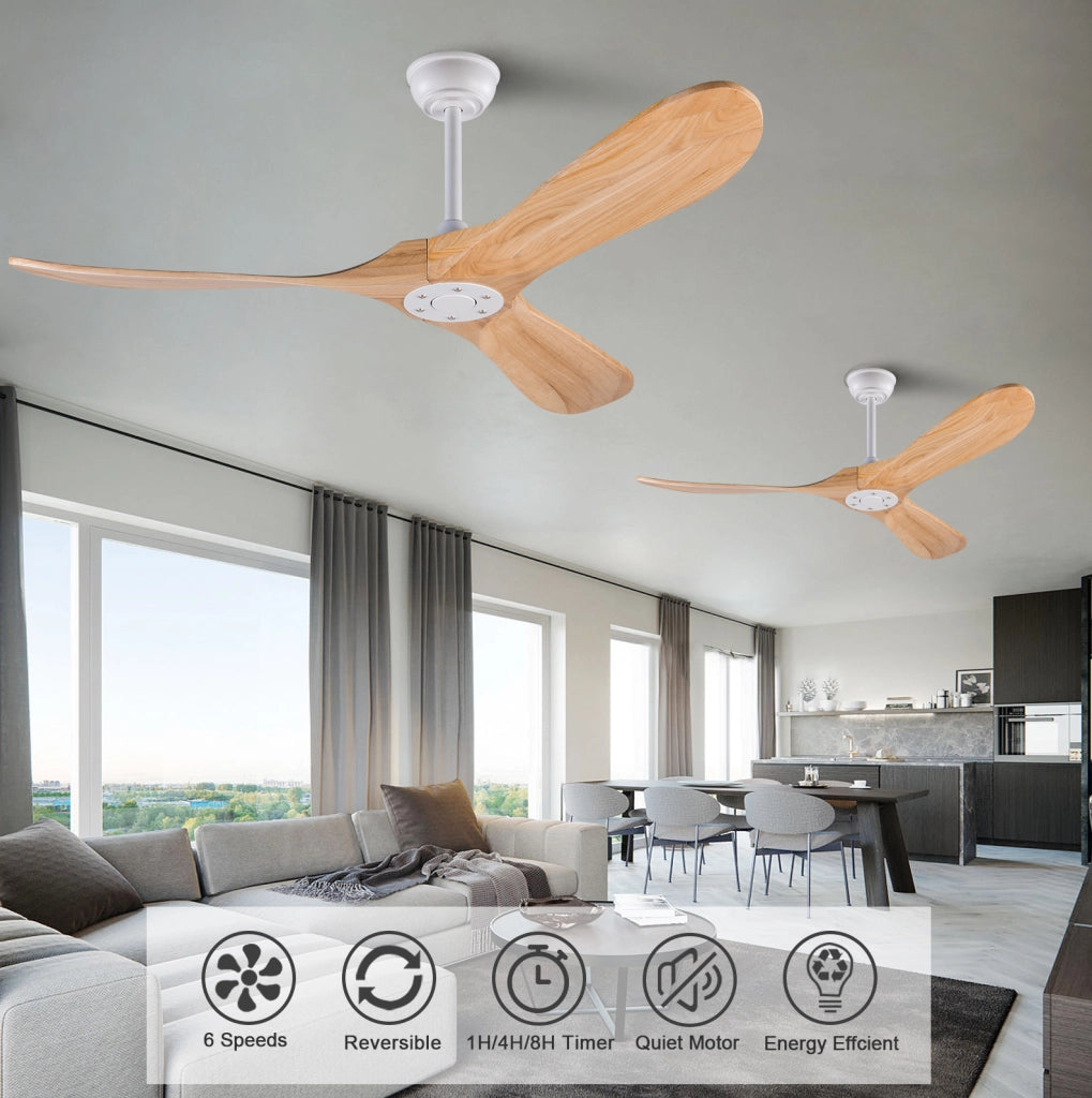Ventilatore da soffitto a pale in legno con telecomando; motore DC reversibile; bianco e naturale
