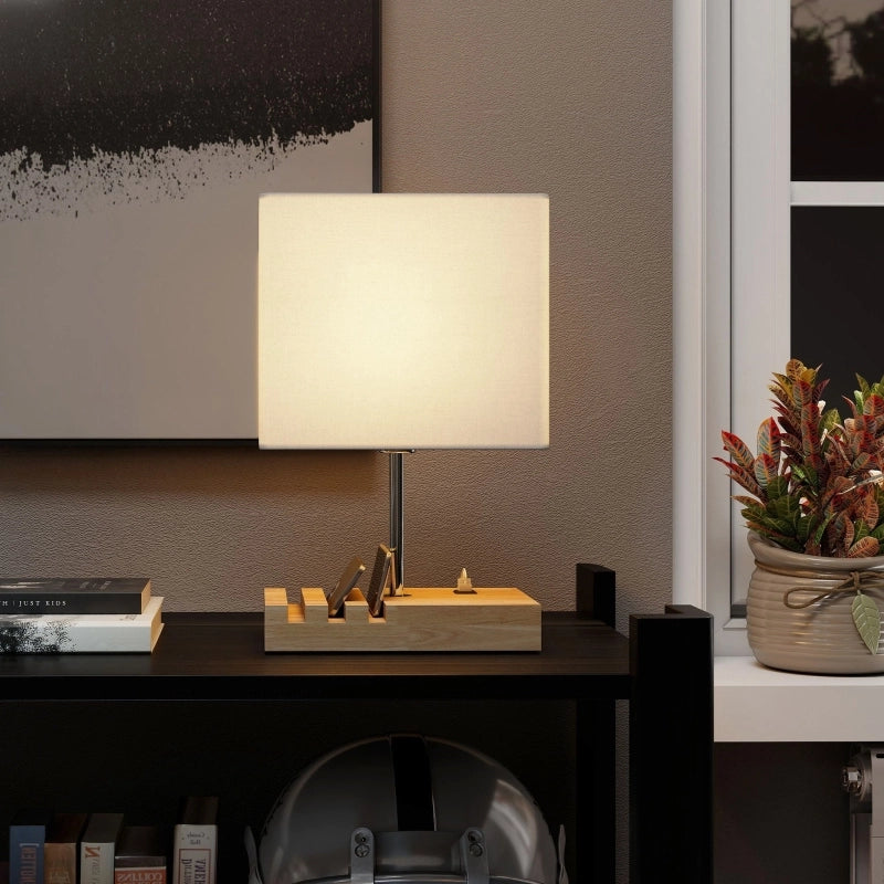 Lampada da comodino, porte USB, legno, tessuto, interruttore a bilanciere, vani portaoggetti, bianco