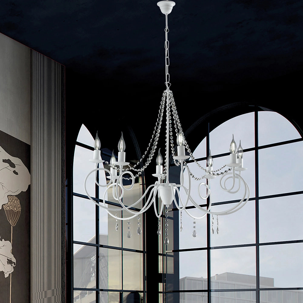 Lampadario Classico 8 Luci Ferro Bianco Shabby E Cristalli Serie Elegant