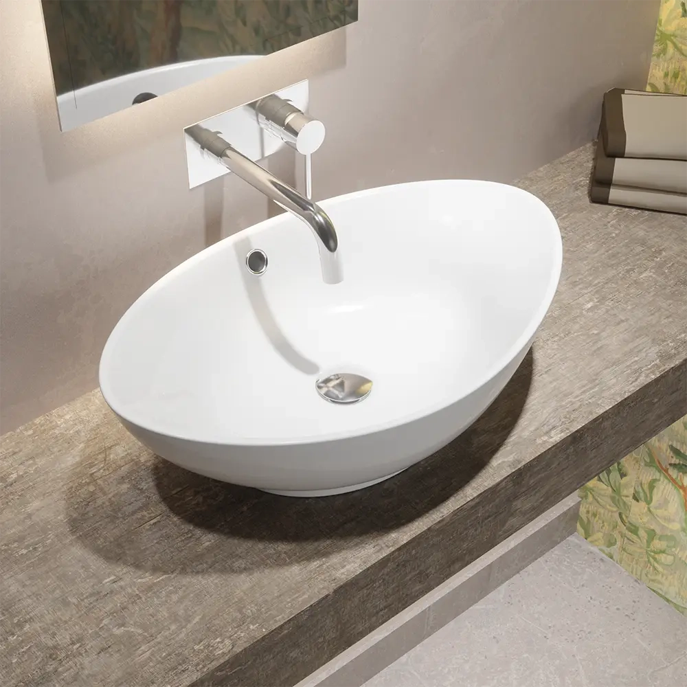 Lavabo da appoggio in ceramica ovale con troppopieno 58x38,5x19,5 cm