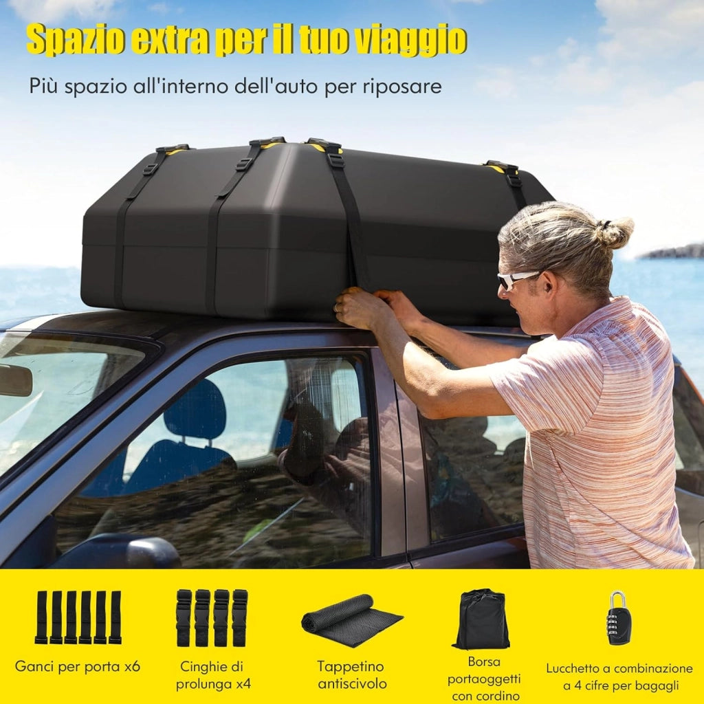 Borsa da Tetto per Auto Impermeabile 15Cu.Ft/425L, Box Tetto Universale con Tappetino Antiscivolo+ 12 Cinghie+ 6 Ganci, Sacca per Auto con/senza Barre Portapacchi(Nero)