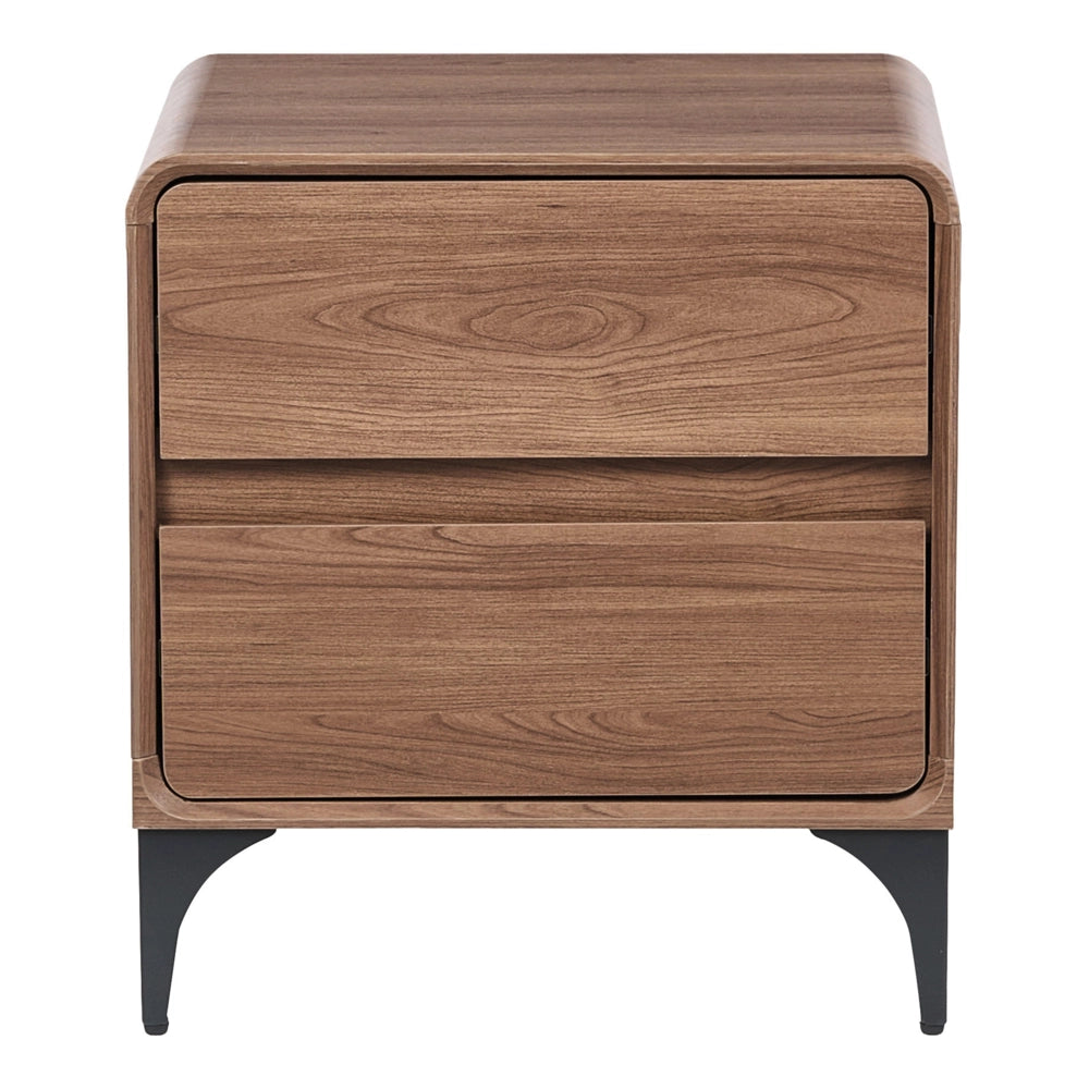 Comodino marrone scuro in MDF con 2 cassetti e gambe in ferro dal design moderno per camera da letto