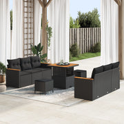 Set Divano da Giardino 9 Pezzi con Cuscini Nero Polyrattan Acacia