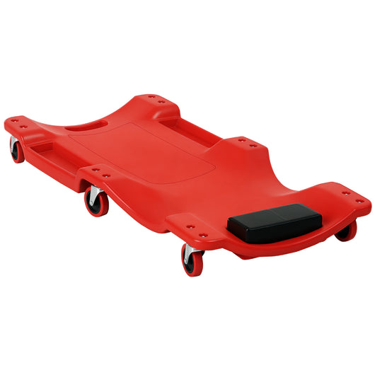 Carrello da Meccanico 100x48x12 cm con Poggiatesta Imbottito e 2 Vassoi Laterali in Plastica Rosso