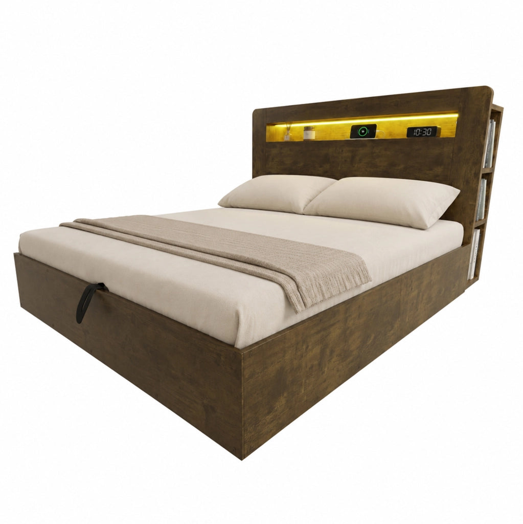Letto contenitore 180x200 in legno con LED, prese integrate e testiera con vani