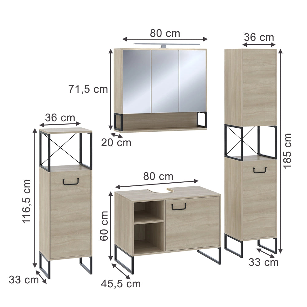 Vicco Set di mobili da bagno Quercia/nero 4 parti